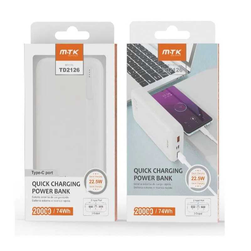 Power Bank 20 000 mAh Carregamento Rápido 22.5W