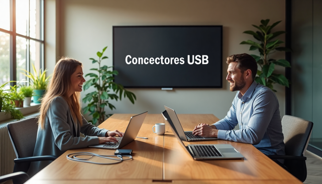 People in bright office comparing USB connectors together