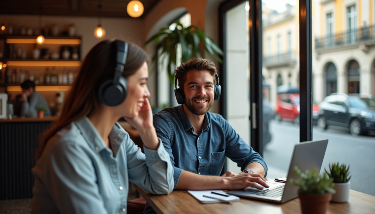 Portuguese young adult wearing headphones in Lisbon café setting