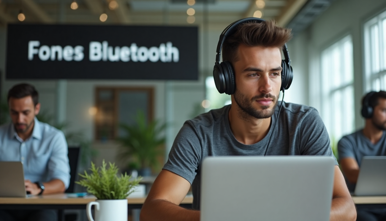 Profissional usa fones Bluetooth em escritório iluminado com banner na parede