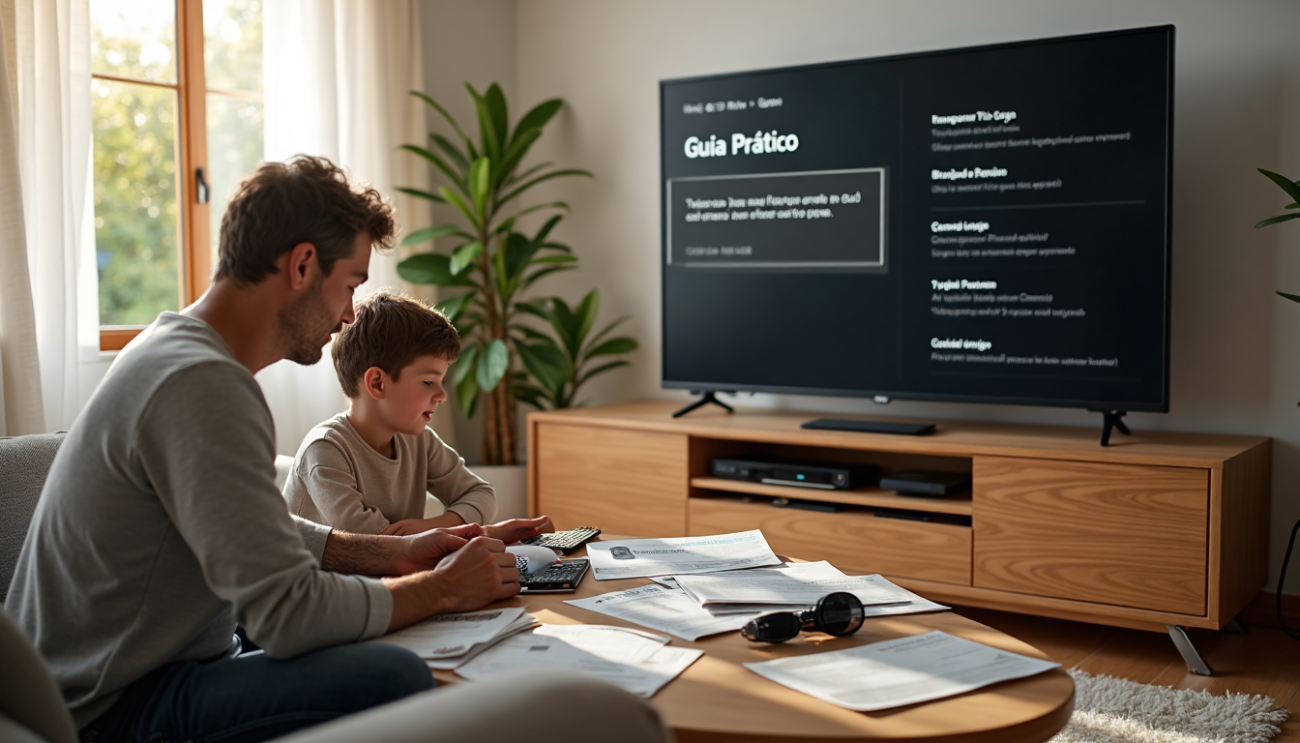 Two people configuring a universal remote in a bright Portuguese living room