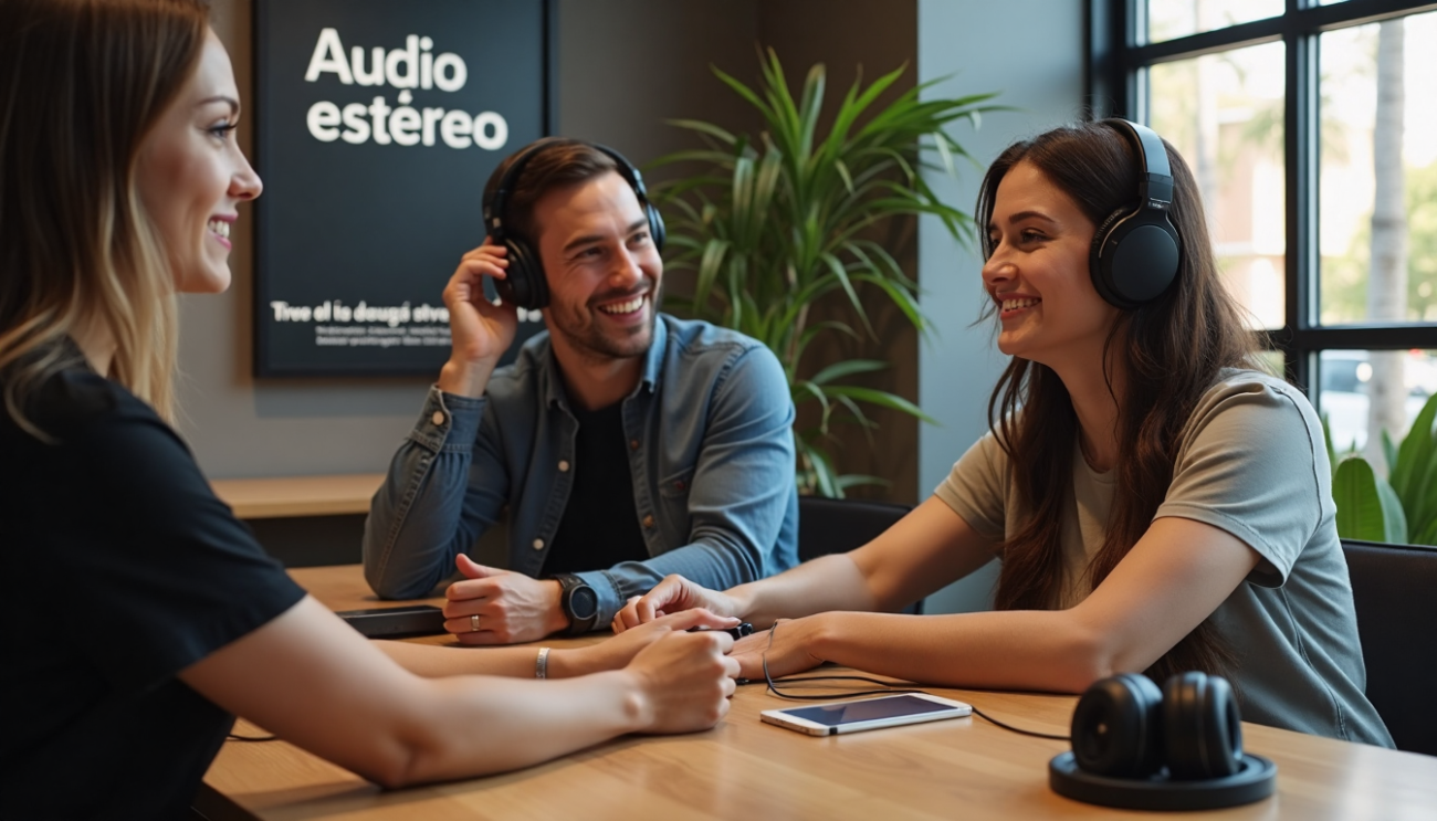 Customers testing headphones in a sunlit technology store
