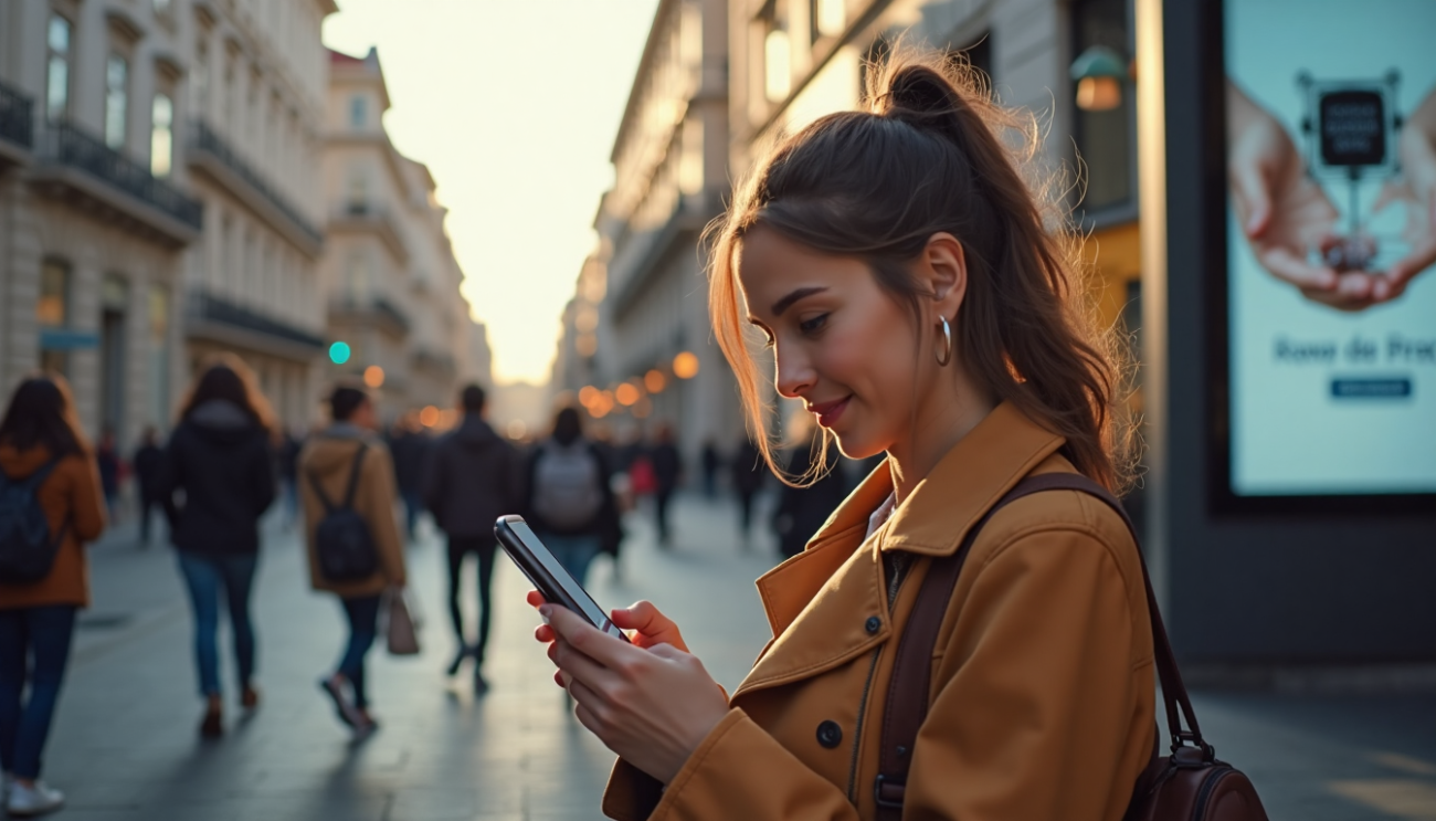 Mulher usando Gov.pt no smartphone em rua de Lisboa com outdoor digital ao fundo