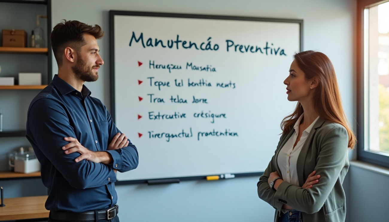 Technician and manager review maintenance plan in office with smartboard text