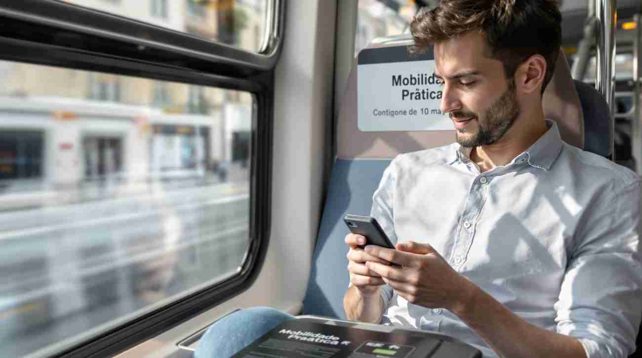 Young professional charging smartphone with solar power bank in urban tram, text 'Mobilidade Prática' on map