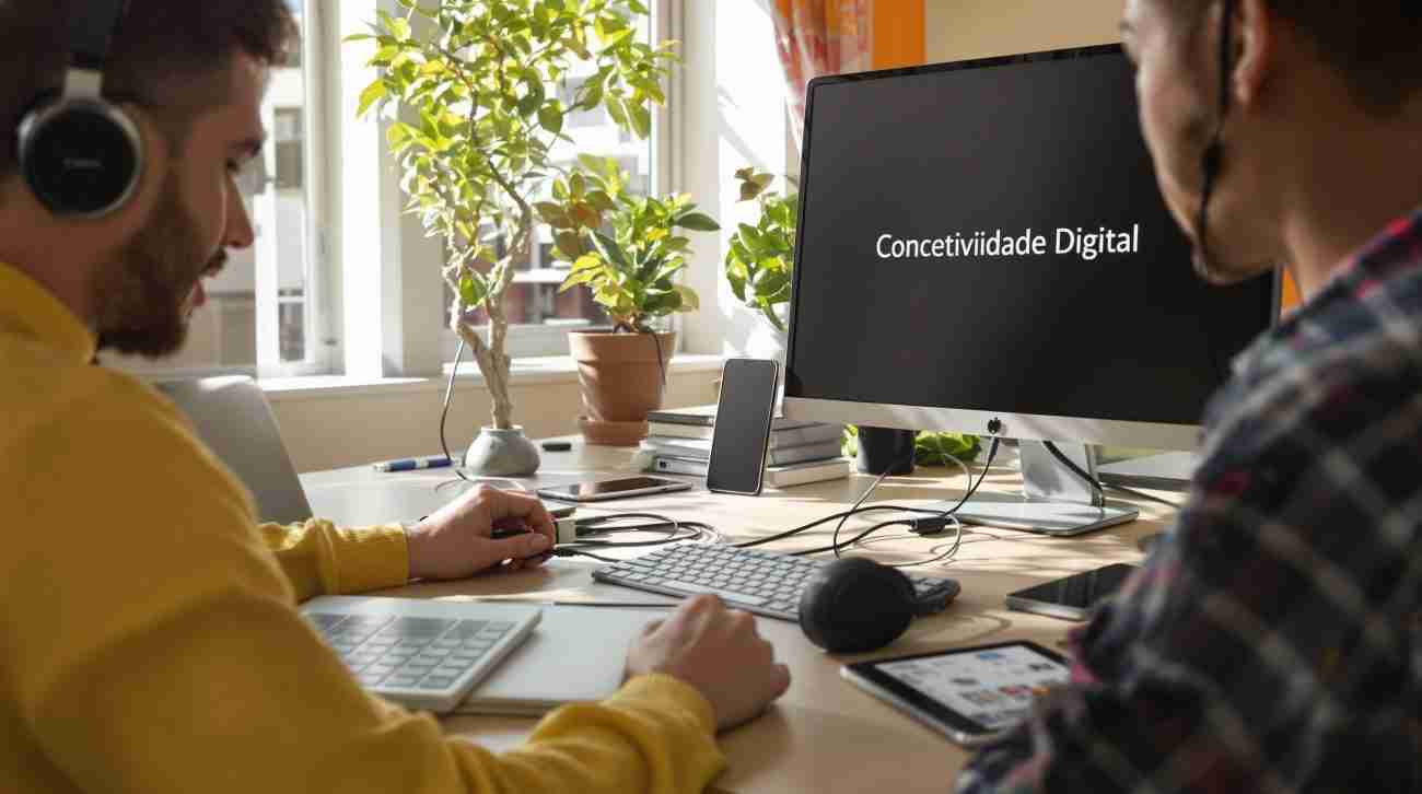 Portuguese workspace with several devices using USB-C cables