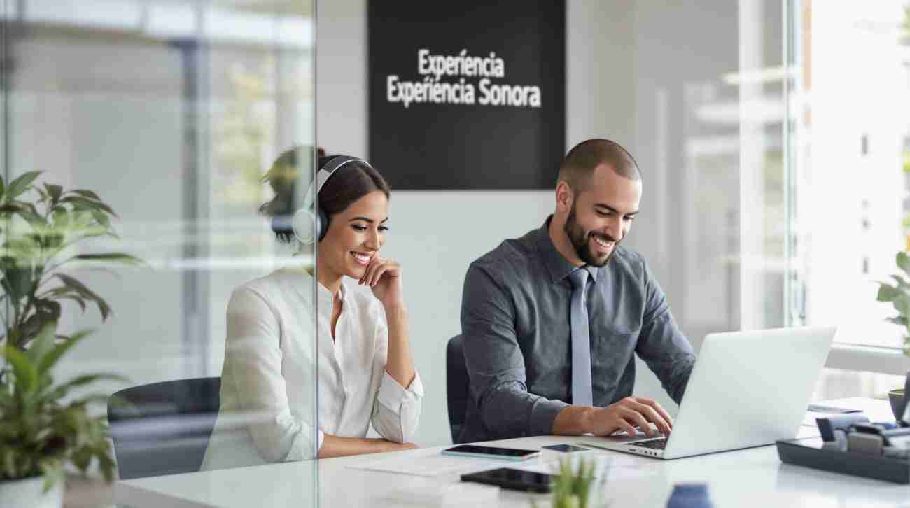 Two professionals using wireless headphones in a modern office in Portugal