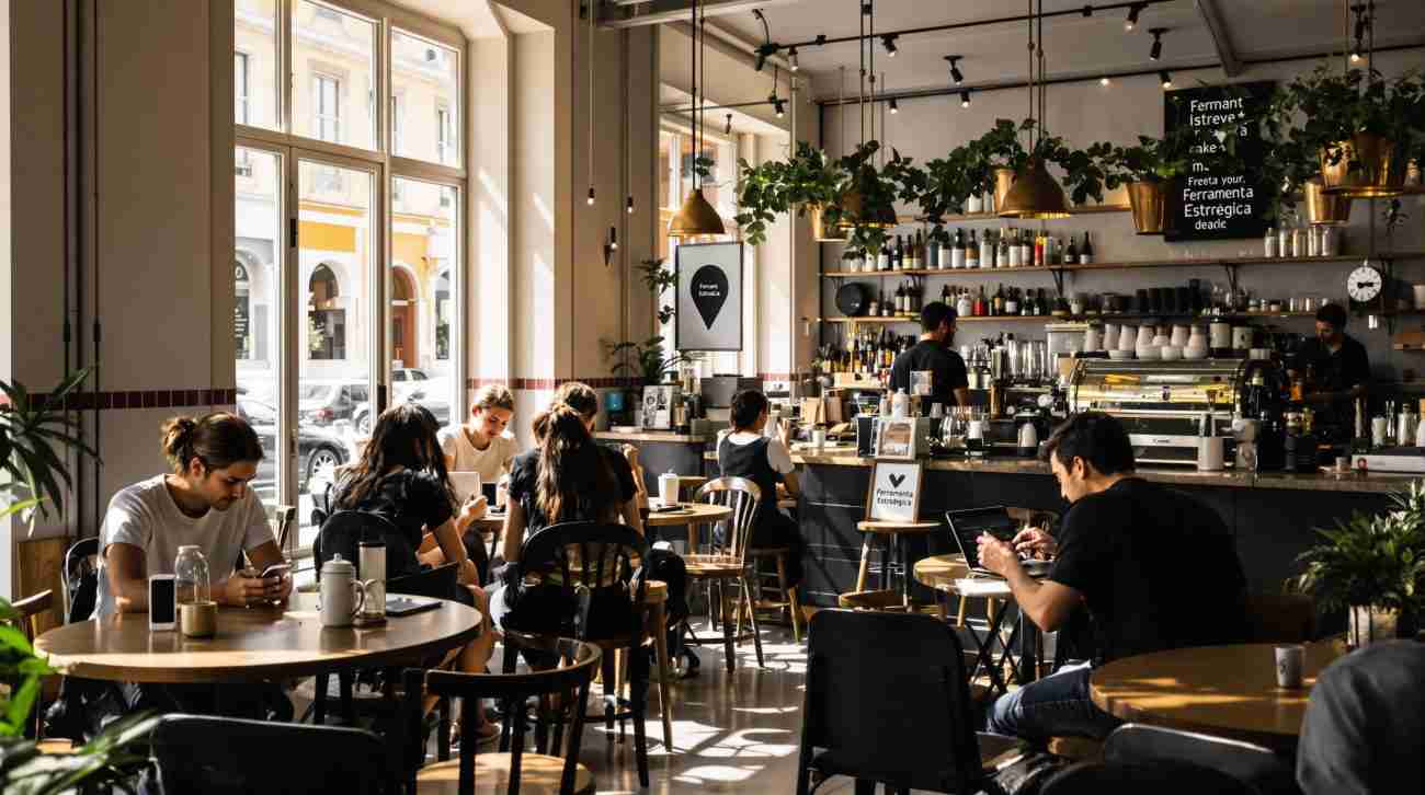 Lisbon café with people using portable chargers and devices