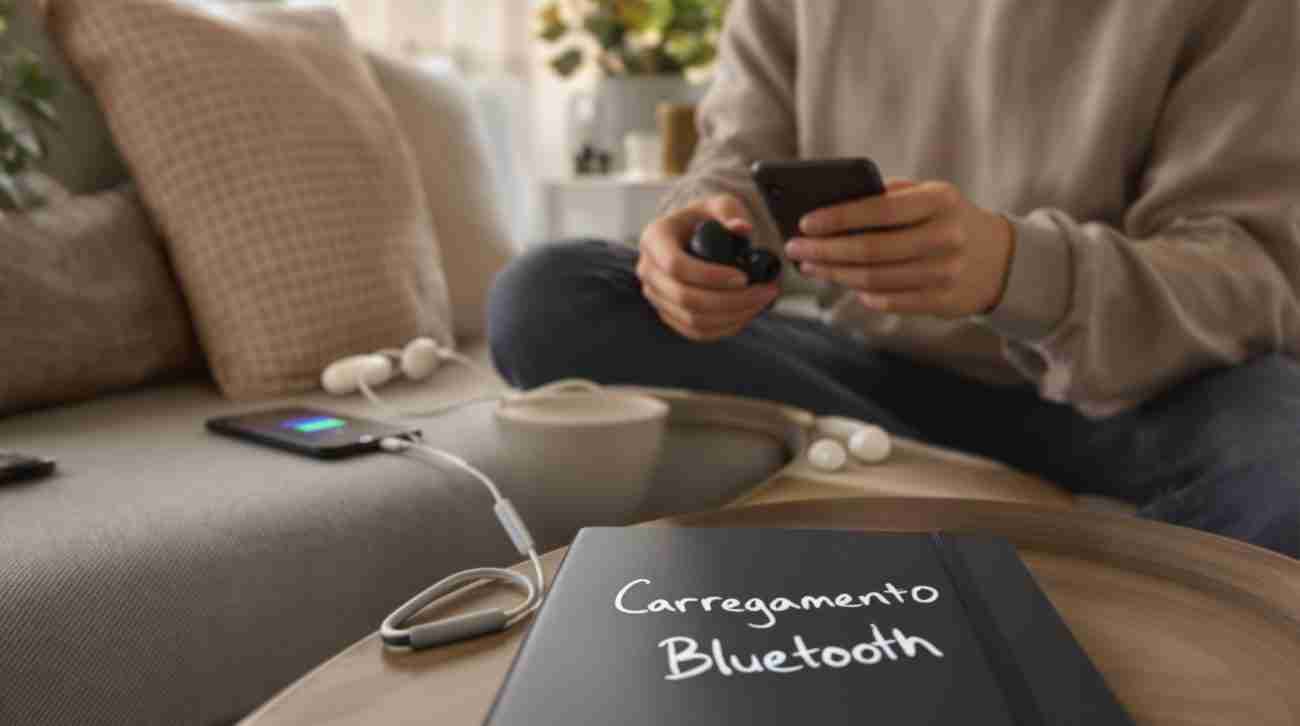 Person at home preparing to charge Bluetooth earbuds with charging reminder notebook