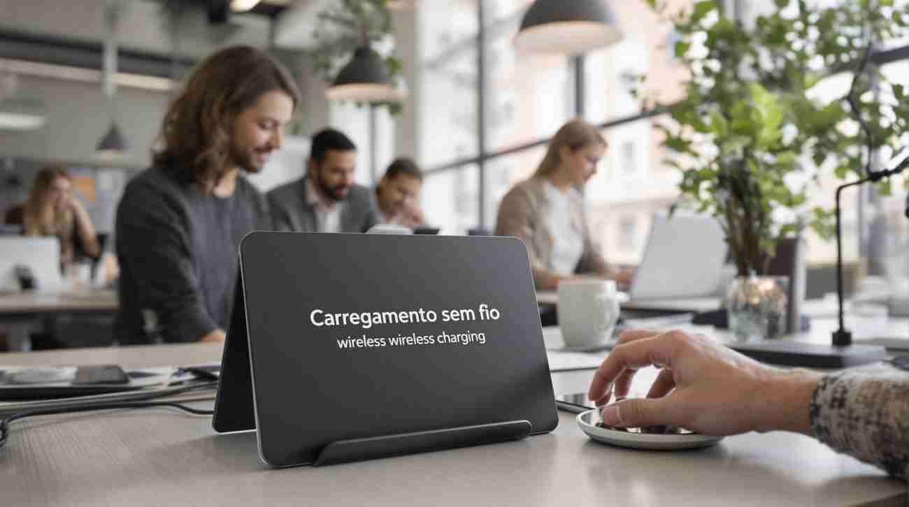 People charging devices wirelessly in a bright modern office
