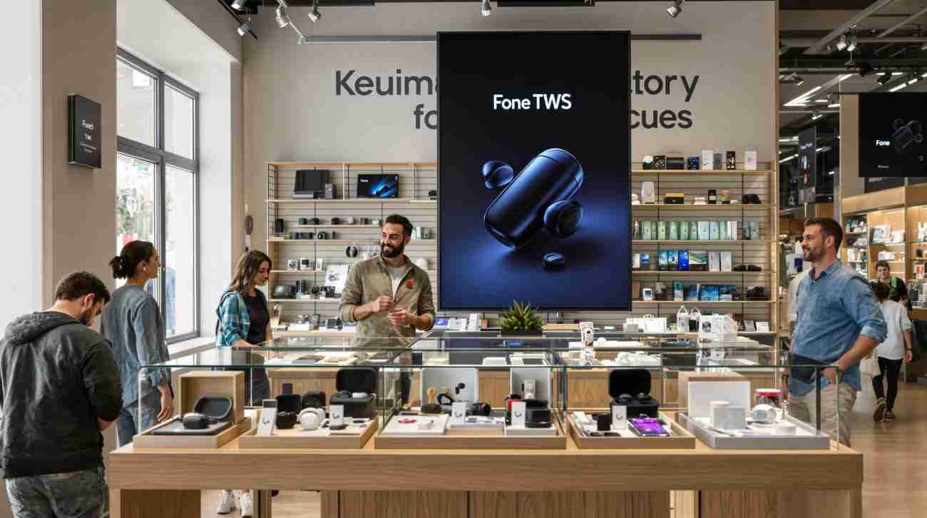 Customers test TWS earbuds in a modern Portuguese electronics store