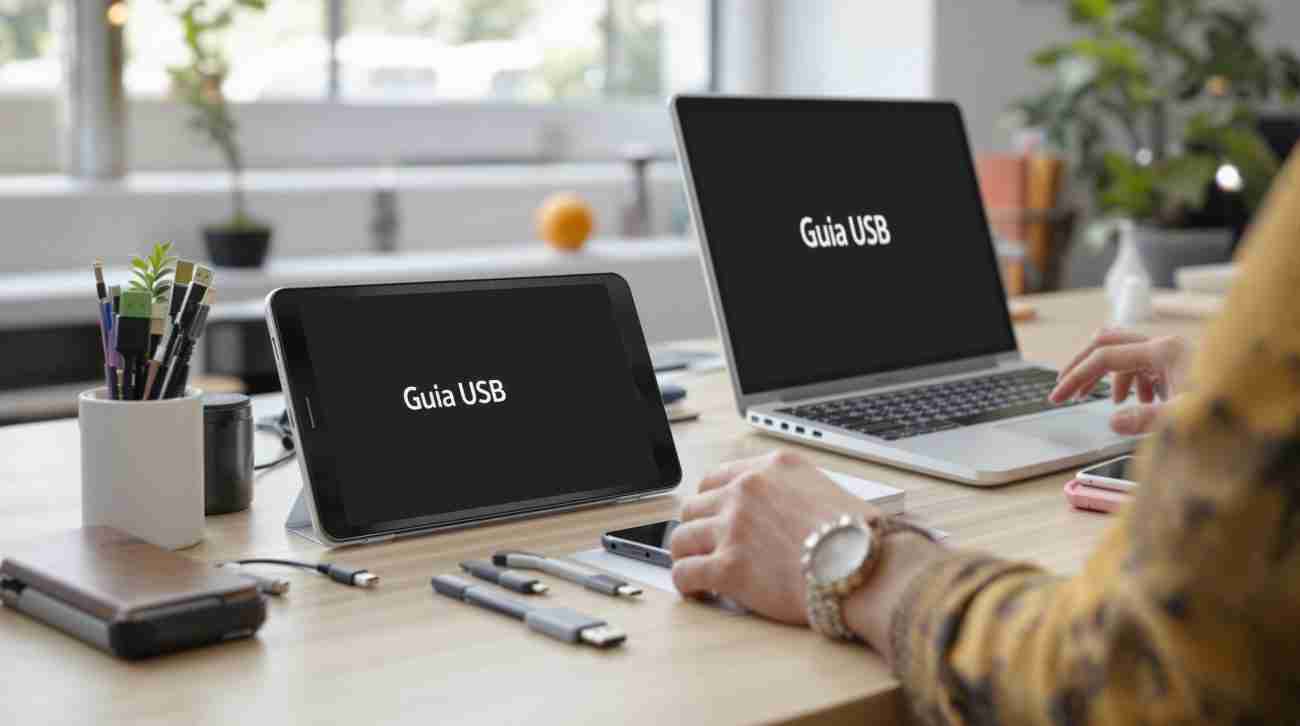 Person comparing USB cables in modern workspace with 'Guia USB' text