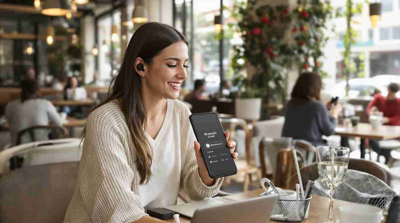 Woman connects Bluetooth headphones to smartphone in modern café