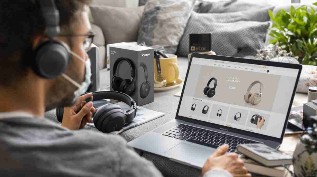 Person comparing wireless headphones in Lisbon apartment with online specs onscreen