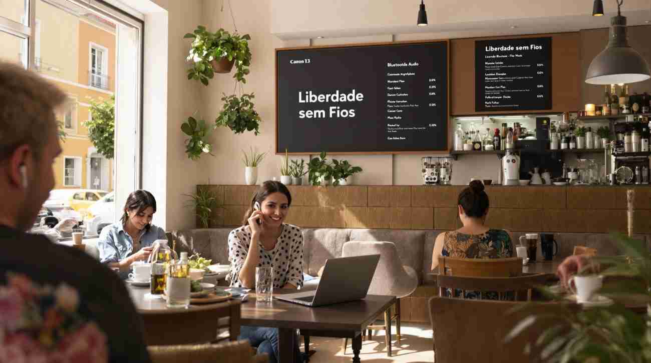 Woman using Bluetooth headphones in a café with digital menu showing Liberdade sem Fios